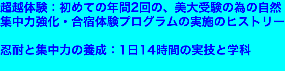 超越体験：初めての年間2回の、美大受験の為の自然集中力強化・合宿体験プログラムの実施のヒストリー 忍耐と集中力の養成：1日14時間の実技と学科